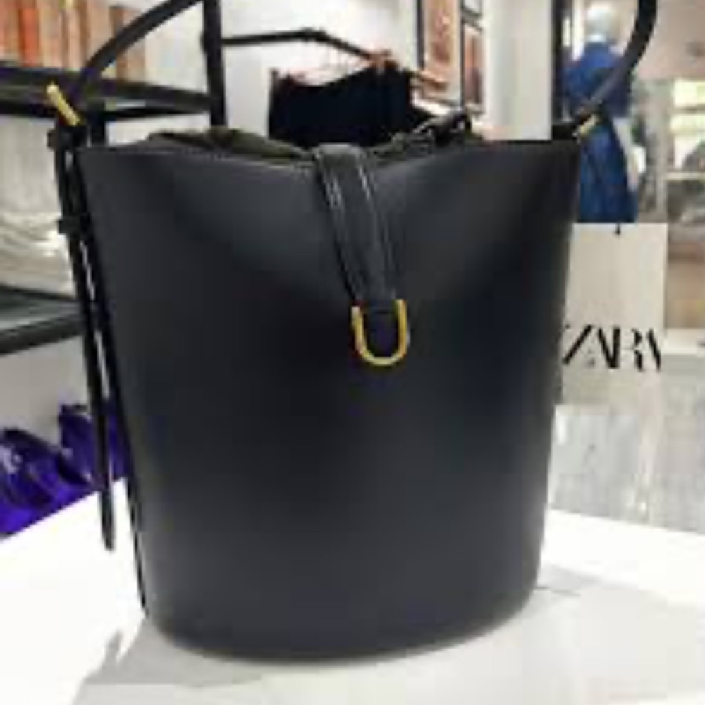 Zara Black Bucket Shoulder Bag with Gold Accent